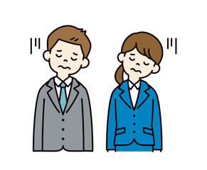 肩を落として落胆する、男女の会社員のシンプルなベクターイラスト素材＿カラー