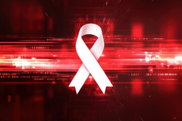 A bold red awareness banner with a white AIDS ribbon, futuristic typography, and glowing accents symbolizing hope and progress.