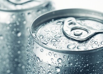 Close-up of cold, condensation-covered drink cans
