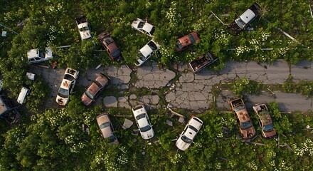 Abandoned Cars in Overgrown Field Aerial View Representing Decay and Waste