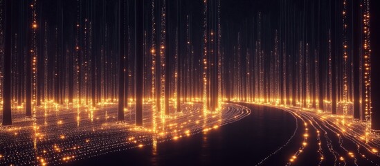 Luminous Forest Path: A Digital Landscape of Golden Lights and Dark Trees