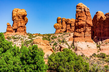 Red rock spires and hoodoos at the Garden of Eden in Arches National Park near Moab Utah