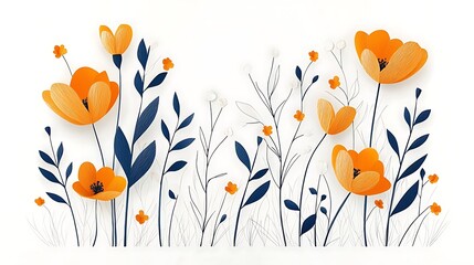 Orange Flowers Papercut Spring Meadow.