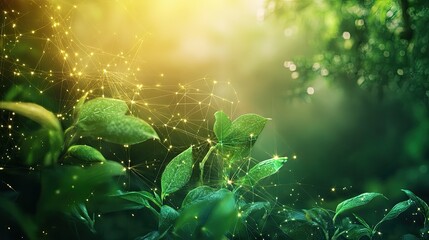 Lush Green Leaves with Abstract Light Particles and Digital Effect