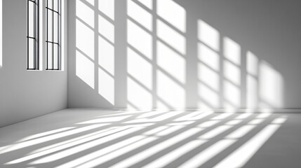 Brightly lit room with a window allowing natural light to pour in and creating dynamic contrasts of black and white in minimalist design.