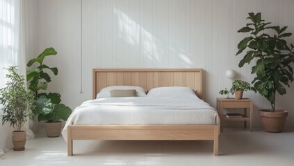 A light filled bedroom with natural wood furniture and plants
