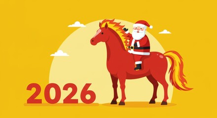 Santa riding red horse with 2026 numbers against vibrant yellow background