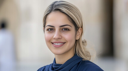 Caucasian woman wearing blue traditional abaya and hijab smiling performing worship at kaaba mecca