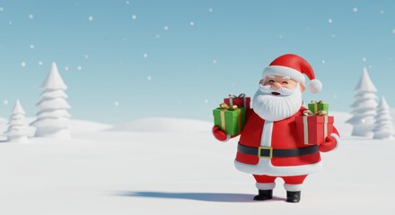 Fototapeta premium Jolly santa claus holding gifts in a winter wonderland with snowy trees