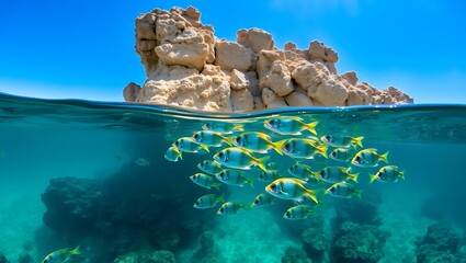 "Surface and Underwater View of a Rocky Islet with a School of Saddled Seabream in the Mediterranean Sea, Costa Brava, Spain"