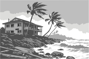 37 Tropical storm, damaged beachfront house, crashing waves, palm trees bending in wind, rocky shoreline, overcast sky, debris, atmospheric, moody, cinematic, dramatic lighting, high contrast, photore