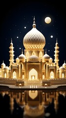 Obraz premium Golden Mosque at Night with Moon and Stars Islamic Architecture Ramadan Eid al Fitr