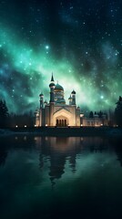 Fototapeta premium Majestic Mosque with Starry Night Sky Reflection in Water