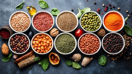 Diverse Collection of Legumes, Grains, and Spices