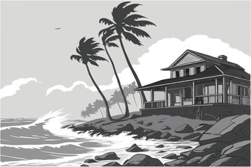 37 Tropical storm, damaged beachfront house, crashing waves, palm trees bending in wind, rocky shoreline, overcast sky, debris, atmospheric, moody, cinematic, dramatic lighting, high contrast, photore