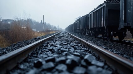 Fototapeta premium Coal train tracks vanishing point, industrial landscape, foggy day, transport