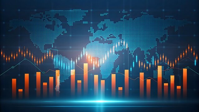 Global economic data visualization with world map background, featuring bar graphs, line graphs, and financial analytics in orange and blue
