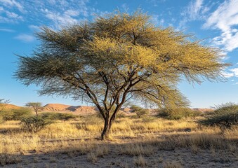 A lone tree stands tall under a bright and cloudy blue sky