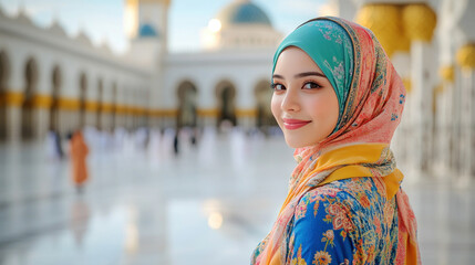 Korean woman wearing traditional abaya at muslim place of worship mosque at city