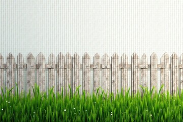 Fototapeta premium Rustic Weathered Wooden Fence with Lush Green Grass and a Subtle Textured Background