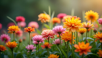 Stunning Photo Stock of a Beautiful Variety of Blooming Flowers in a Garden, Showcasing Botanical Diversity and Natural Beauty with Empty Space for Text on the Left