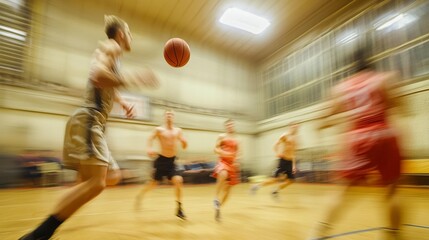 Fast-paced basketball game indoors, players in motion, blurred action shot.