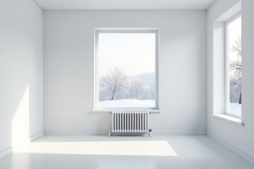 Minimalist Room Interior with Radiator and Winter Landscape View from Large Window