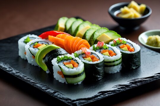 Delicious Vegan Sushi Rolls with Fresh Vegetables on a Black Plate