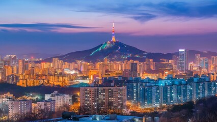 Fototapeta premium Stunning cityscape of Seoul at twilight, featuring Namsan Seoul Tower atop the illuminated skyline