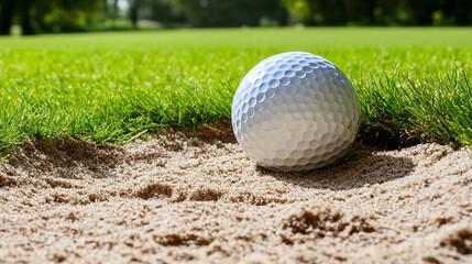 Golf ball in sand bunker on sunny green golf course.