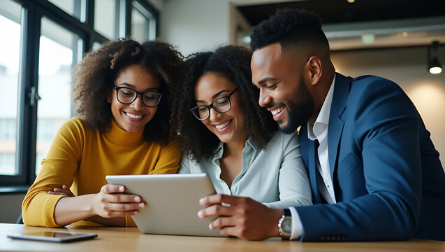 Diverse Business Team Collaborating with Digital Tablet in Modern Workspace: Emphasizing Inclusivity and Professional Synergy