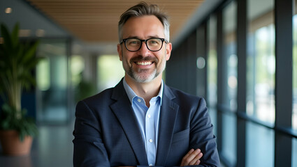Fototapeta premium Confident smiling middle aged businessman executive and manager stands in office wearing glasses poses for headshot close up portrait showcasing professionalism and maturity concept as Confident smili