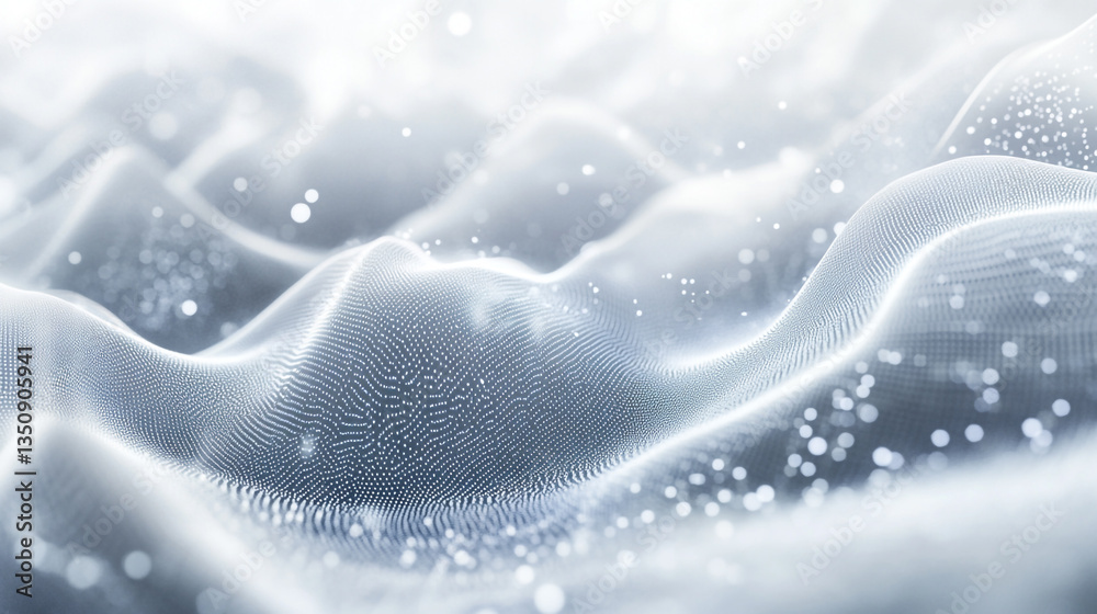 Poster abstract white color glowing wave with bokeh lights, silver gradient and glowing dots in the form of