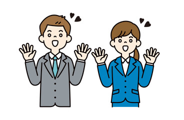 目をキラキラさせて喜ぶ、男女の会社員のシンプルなベクターイラスト素材＿カラー
