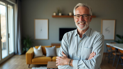 Fototapeta premium Confident Middle-Aged Man Smiling with Arms Crossed in Modern Living Room - Portrait of a Handsome 50-Year-Old Senior in a Stylish Home Setting | Flat Cute Vector Illustration