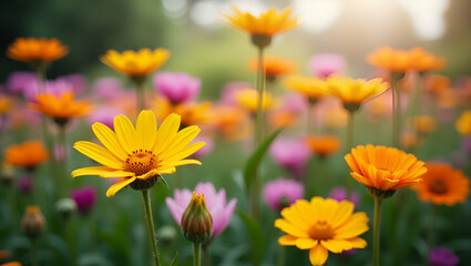 Fototapeta premium Stunning Flat Vector Illustration of Diverse Blooming Garden Flowers