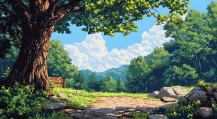 A beautiful pixelated landscape shows a path beside a large tree