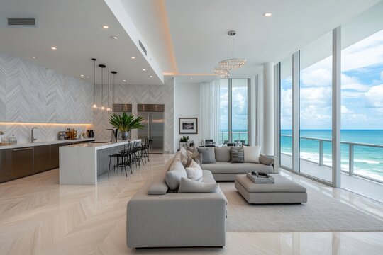 Modern open-concept Miami condo living room with ocean view