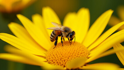 Bee Collecting Nectar from Vibrant Yellow Chrysanthemum Flowers in Autumn Garden: A Stunning Photo Stock Concept Showcasing Pollination and Nature's Cycle with Empty Space for Text