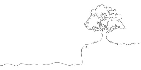 Continuous one line drawing big tree. Lonely tree on the edge of a cliff. Rocky peak.