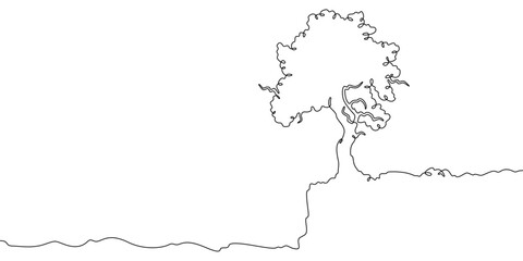 Continuous one line drawing big tree. Lonely tree on the edge of a cliff. Rocky peak.