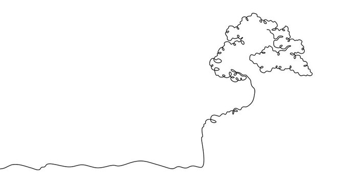 Continuous one line drawing big tree. Lonely tree on the edge of a cliff. Rocky peak.