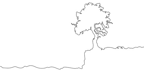 Continuous one line drawing big tree. Lonely tree on the edge of a cliff. Rocky peak.