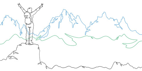 Continuous one line drawing woman on top of the mountain. Mountain panorama. Tourist with a backpack. Beautiful landscape.One continuous line isolated minimal illustration.Not AI.