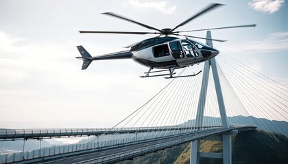 Fototapeta premium Helicopter Flying Over a Modern Cable-Stayed Bridge