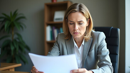 Concerned Businesswoman Reviewing Bad News: Middle-Aged Entrepreneur Faces Financial Challenges at Work - Stock Photo Concept with Empty Space for Text