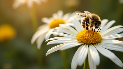 Obraz premium Flat Bee Collecting Nectar from Autumn Chrysanthemums: A Pollination Delight