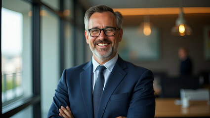 Fototapeta premium Confident Mature Businessman in Stylish Office: Headshot of a Successful CEO and Executive Leader