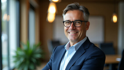 Fototapeta premium Smiling Confident Mature Businessman in Stylish Office: Headshot Portrait of a Successful CEO and Executive Manager Wearing Glasses - Elegant Corporate Leader with Empty Space for Text