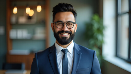 Fototapeta premium Happy Smiling Bearded Indian Businessman: Successful Small Business Owner & Sales Manager Posing for Professional Headshot Portrait in Office with Empty Space for Text